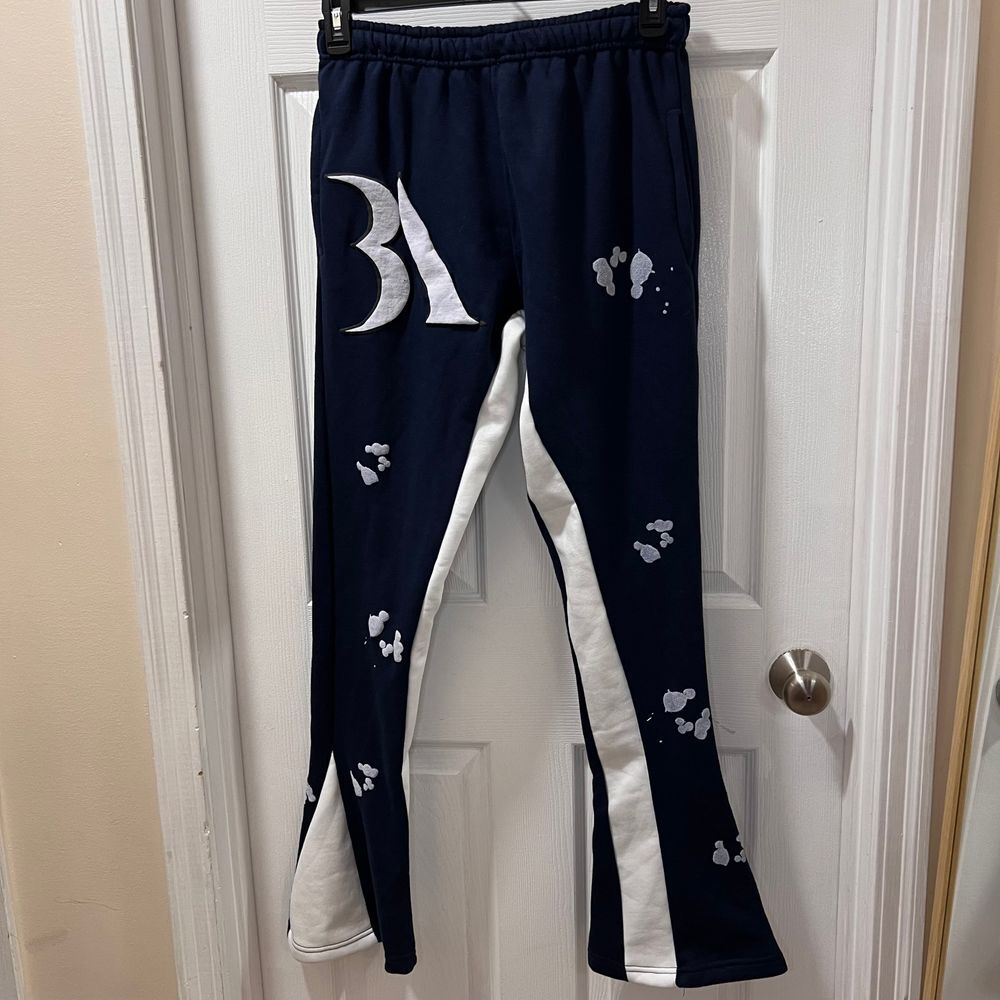 Burned Apparel Navy Blue Split-Leg Track Pants w/Footprint Pattern Accents-SZ L